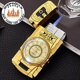 Mua Bật lửa khò kiêm đồng hồ đèn led 7 màu dập nổi đại bàng   rồng cực đẹp ( mầu vàng )