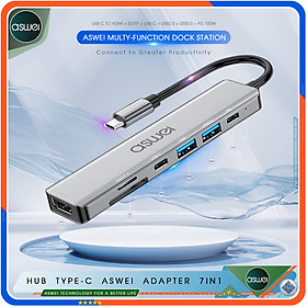 Hub Type C ASWEI 7 in 1 - Hub Chuyển Đổi USB Type-C To HDMI 4K Chuẩn HDTV, USB 3.0, USB-C, Sạc Nhanh PD 100W, Đầu Đọc Thẻ Nhớ SD TF - Cổng Chia USB Tốc Độ Cao - Dành Cho Macbook, Laptop, PC, Máy Tính Bảng, Điện Thoại - Hàng Chính Hãng