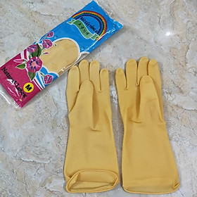 Găng tay chất liệu cao su chống nước dùng Rửa chén hoặc Giặt quần áo Rửa xe màu vàng dài 32cm