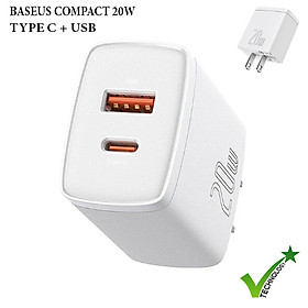 (Tặng túi đựng TOPK) Củ sạc nhanh Baseus mini 20W, hai cổng sạc USB và Type-C sạc nhanh cho iPhone, Samsung, Xiaomi, Huawei,...-Hàng chính hãng