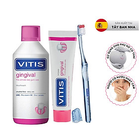 Bộ chăm sóc răng miệng dành cho nướu nhạy cảm Vitis Gingival Mixed Pack (Nước súc miệng 500ml, kem đánh răng 100ml và bàn chảil, dùng được cho phụ nữ mang thai, cho con bú)