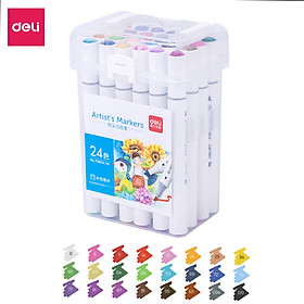 Bút màu marker thân tròn hai đầu ngòi brush Deli - Marker hộp nhựa - 12/ 24/ 36/ 48/ 60 Màu - 70804