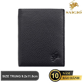 Ví Đứng Nam Nhỏ Gọn, Da Bò SMALL PEBBLE Mềm Mại - Bền Bỉ, Size Trung, Chống Xước - Chống Nhăn Tốt, Thiết Kế Đơn Giản, Dáng Đứng - Gập 2, 3 Ngăn Lớn Đựng Tiền Và 8 Ngăn Nhỏ Để Thẻ ATM, Giấy Tờ Tùy Thân - Hàng Chính Hãng SAIGIO - Đen - Có Khóa Kéo