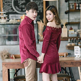 Set Áo đôi nam nữ, đồ cặp Hàn Quốc váy đuôi cá trễ vai áo sơ mi đẹp màu đỏ đô đi biển chụp hình cưới vải đẹp hàng cao cấp