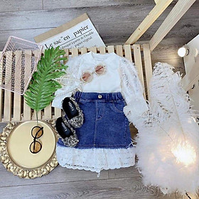 Set chân váy jean + áo dài tay sang chảnh cho bé 11-22kg