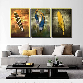 Bộ 3 tranh canvas treo tường Decor Họa tiết lông vũ cách điệu, phong cách hiện đại - DC140