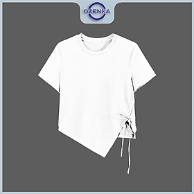 Áo croptop ulzzang kiểu vạt chéo rút dây rộng cổ tròn OZENKA , áo crt thun cotton basic màu đen trắng mặc đi học đi chơi