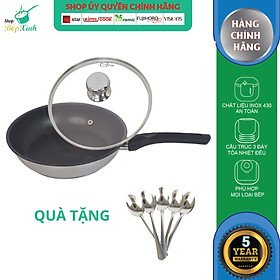 Chảo inox chống dính có nắp kính Fivestar Standard  3 đáy bếp từ tặng 5 muỗng ( 22cm / 24cm / 26cm / 28cm )