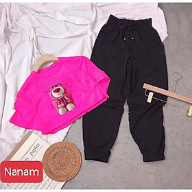Đồ bộ bé gái, Bộ quần áo croptop phong cách hiphop cho bé gái Gấu dâu Lotso từ 18-60kg chất cotton mát