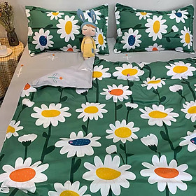 Bộ chăn ga gối cotton PL1 - Cúc Trắng Nền Xanh  - TẶNG 01 MÓC KHÓA HOUSTON