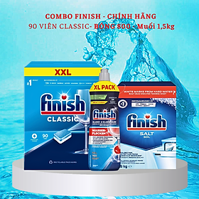 Combo muối rửa bát Finish 1,5kgviên rửa bát Finish 120 viênNước làm bóng bát chén finish 800ml - Combo muối 1.5kgbóng 800ml 90 viên finish classic