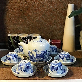 Mua Bộ Ấm Chén Trà Đạo Gốm Trắng Men Lam Bát Tràng Trúc Lâm Thất Hiền Dáng Trúc Đề Dung Tích 480ml (Bộ Ấm Chén) ATA 17