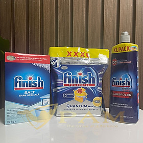 Combo Viên rửa bát Finish Quantum 60 viên hương chanh + Muối Finish 1.5kg