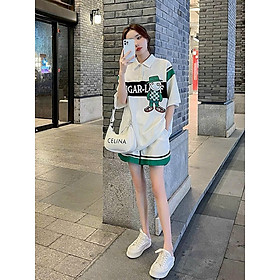 Set bộ đùi nữ len viền xanh in họa tiết, set bộ short len nữ cổ sơ mi phối viền - Hàng nhập cao cấp