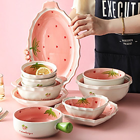Bộ bát đĩa chén đĩa cao cấp thương hiệu Gosu họa tiết dâu tây hồng dễ thương sáng mịn an toàn