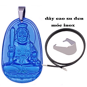 Mặt Phật Bất động minh vương thuỷ tinh xanh biển 3.6 cm kèm móc và vòng cổ dây cao su đen, Mặt Phật bản mệnh