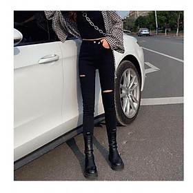 Quần Jeans Lưng SIÊU Cao - Quần Cạp Cao Qua Rốn ĐEN TUYỀN Rách 2 Đùi co giãn