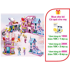 Đồ chơi lắp ráp cửa hàng kinh doanh và cô gái bán hàng
