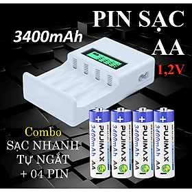 Bộ Sạc Pin Tiểu / Pin Sạc AA 3400mAh / Bộ Sạc Pin AA/AAA Nhanh Tự Ngắt Fujimax LCD-04/ Có Màn LCD Hiển Thị Dùng Cho Micro , điều khiển... | Chính Hãng