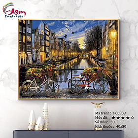 Mua Tranh sơn dầu tự tô màu số hoá phong cảnh Châu Âu Xe đạp hoa bên dòng sông PC0909