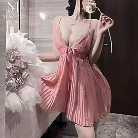 Váy Ngủ D177 Ren Xếp Ly Cột Nơ Kèm Chip Xinh Xắn