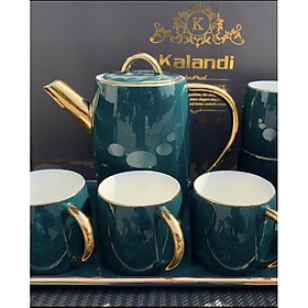 Bộ ấm chén kèm khay sứ pha trà cà phê màu xanh cổ vịt dáng thẳng phong cách Châu Âu sang trọng - ANTH36