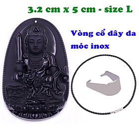 Mặt Phật Văn thù đá thạch anh đen 5 cm kèm vòng cổ dây da đen - mặt dây chuyền size lớn - size L, Mặt Phật bản mệnh