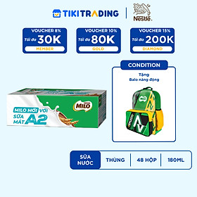 [TẶNG BALÔ NĂNG ĐỘNG] Thùng 48 Hộp Sữa Nestlé MILO A2 MỚI  (180ml / Hộp)