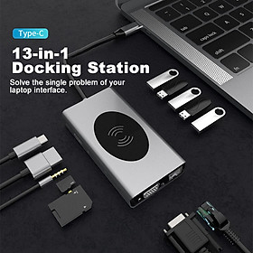 USB C Hub, 13 in 1 USB-C Laptop Docking Station,Compatiable for MacBook (Wireless Charger,5 Pcs USB3.0 RJ45 VGA PD3.0 HDMI SD/TF Card 3.5mm)