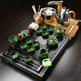Bàn trà điện thông minh giá rẻ mẫu gỗ sồi sơn PU đen - Gồm đầy đủ bàn, bộ bếp pha trà, cùng ấm chén