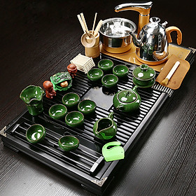 Mua Bàn trà điện thông minh giá rẻ mẫu gỗ sồi sơn PU đen - Gồm đầy đủ bàn  bộ bếp pha trà  cùng ấm chén