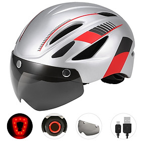 Mũ bảo hiểm đi xe đạp xe máy có đèn chiếu sáng phía sau, kèm tấm kính chống UV-Màu Bạc & Đỏ