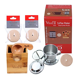 Mua Bộ kit cafe phin VfastFil Lux  sử dụng giấy lọc cafe pha phin: Phin cafe inox cải tiến+200 giấy lọc cafe+Muỗng gỗ Lux đong 10g cafe+Hộp tre ép