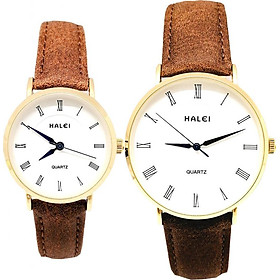 Cặp Đồng Hồ Nam Nữ Halei HL540 Dây da nâu mặt trắng (Tặng pin Nhật sẵn trong đồng hồ + Móc Khóa gỗ Đồng hồ 888 y hình + Hộp Chính Hãng+ Thẻ Bảo Hành)