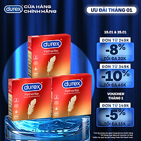 Bộ 3 hộp bao cao su Durex Fetherlite siêu mỏng, size 52.5mm, 3 bao/hộp