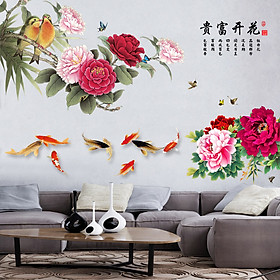Decal dán tường cành hoa mẫu đơn và chim 3D khổ lớn CH2006 Decalslike3D