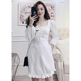 Đầm mila trắng cổ bèo nút bọc