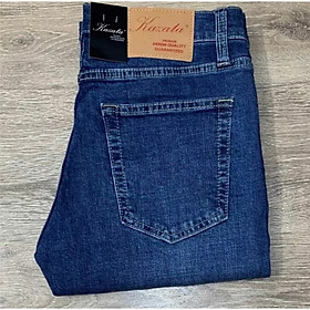 Quần Jean nam cao cấp ống đứng kazata màu xanh trung vải xuất khẩu xướt nhẹ dáng slimfit vải co giãn