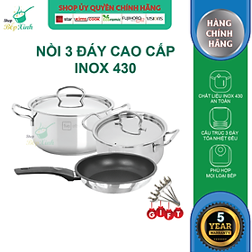 Bộ 2 nồi và 1 chảo chống dính 3 đáy từ inox 430 FiveStar Standard nắp inox tặng 5 muỗng