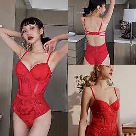 Áo 2 dây nữ Bodysuit Quảng Châu đỏ họa tiết lá có cúp ngực cao cấp