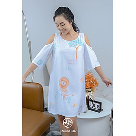 Đầm mặc nhà khoét vai LMcation Tencel - Xanh ngọc hoa văn