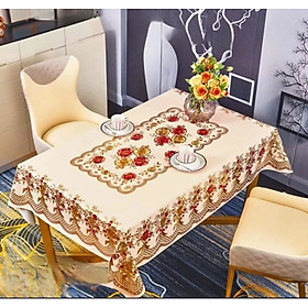 Khăn trải bàn PVC W751- 90x150cm nền màu vàng nhủ, in nổi hoa văn sang trọng, không thấm nước