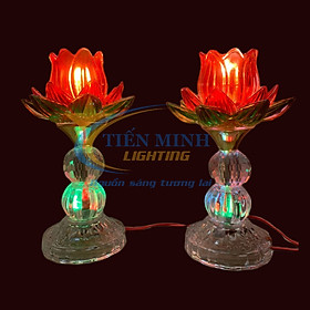 Đèn Thờ Hoa Sen Thủy Tinh TM06, cao 25cm, chế độ tự động đổi màu, màu đỏ thân trắng