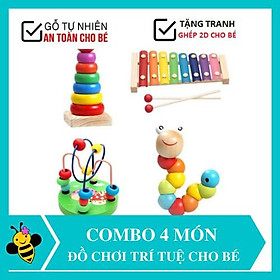 Đồ chơi cho bé Combo 4 món Con sâu gỗ - Đàn gỗ 8 thanh - Cầu vồng- Luồn hạt