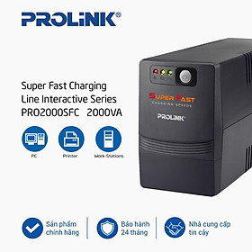 Bộ lưu điện UPS PROLiNK PRO2000SFCU (2000VA) công suất 1200W, tích hợp bộ AVR, sạc siêu nhanh, dùng cho PC, Camera, Wifi - Hàng chính hãng