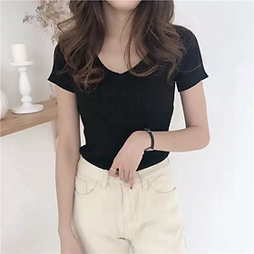IELGY V-neck short-sleeved sweater solid color T-shirt