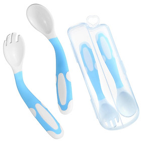 Baby Spoon and Fork Set Travel Case Bendable & Non-Slip Handle Baby Training Spoon with Storage Box Portable Baby