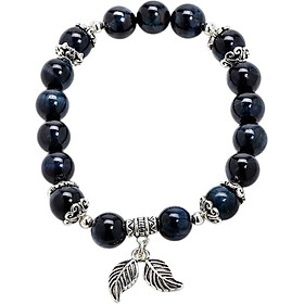 Vòng tay đá mắt hổ xanh đen mix charm bạc lá 925 8mm ngọc quý gemstones vt157