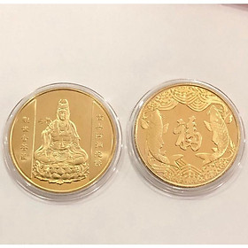 Mua Đồng Xu Phật Quan Âm Bình An May Mắn Tặng Túi Gấm Phong Thuỷ