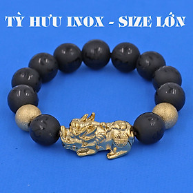 Vòng chuỗi đeo tay đá thạch anh đen mờ khắc lục tự chân ngôn 14 ly ( size lớn ) charm tỳ hưu và bi inox vàng, vòng tay chuỗi hạt